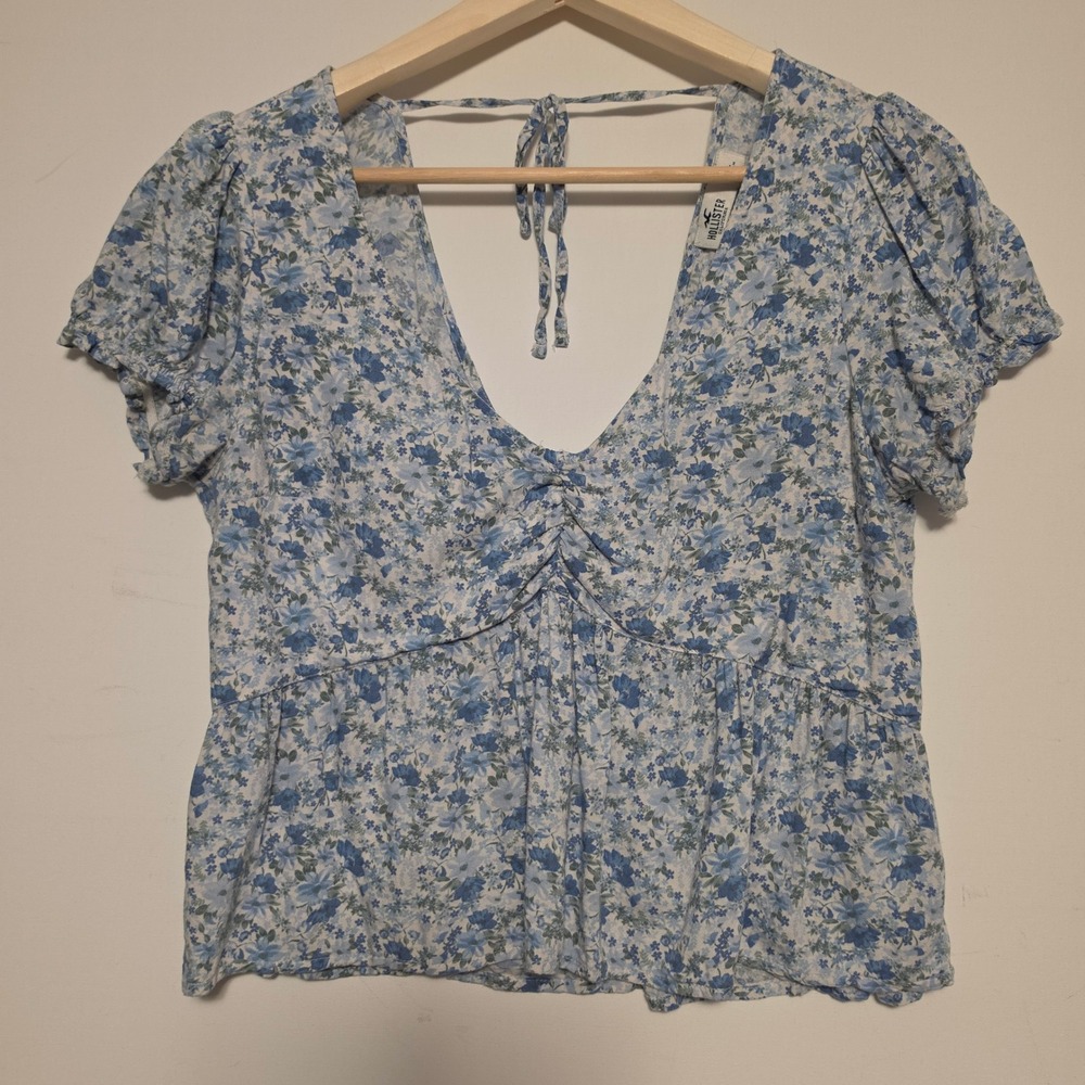Hollister Floral V-Neck Puff Sleeve Peplum Babydoll Top Blue White Large